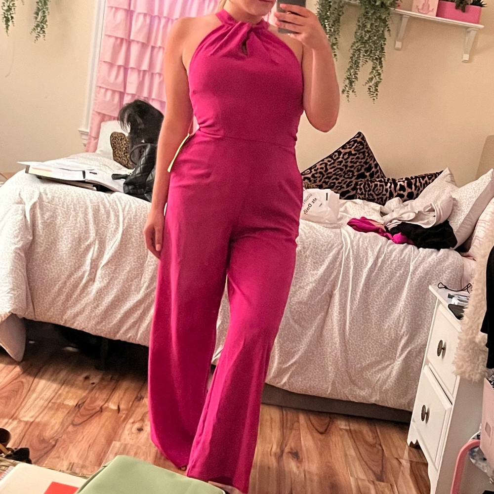 Pink pant halter top romper size 8. Wide bottom, tight on top, zip up